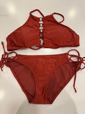 Rust Red Ring-Front High Neck Bikini Set
